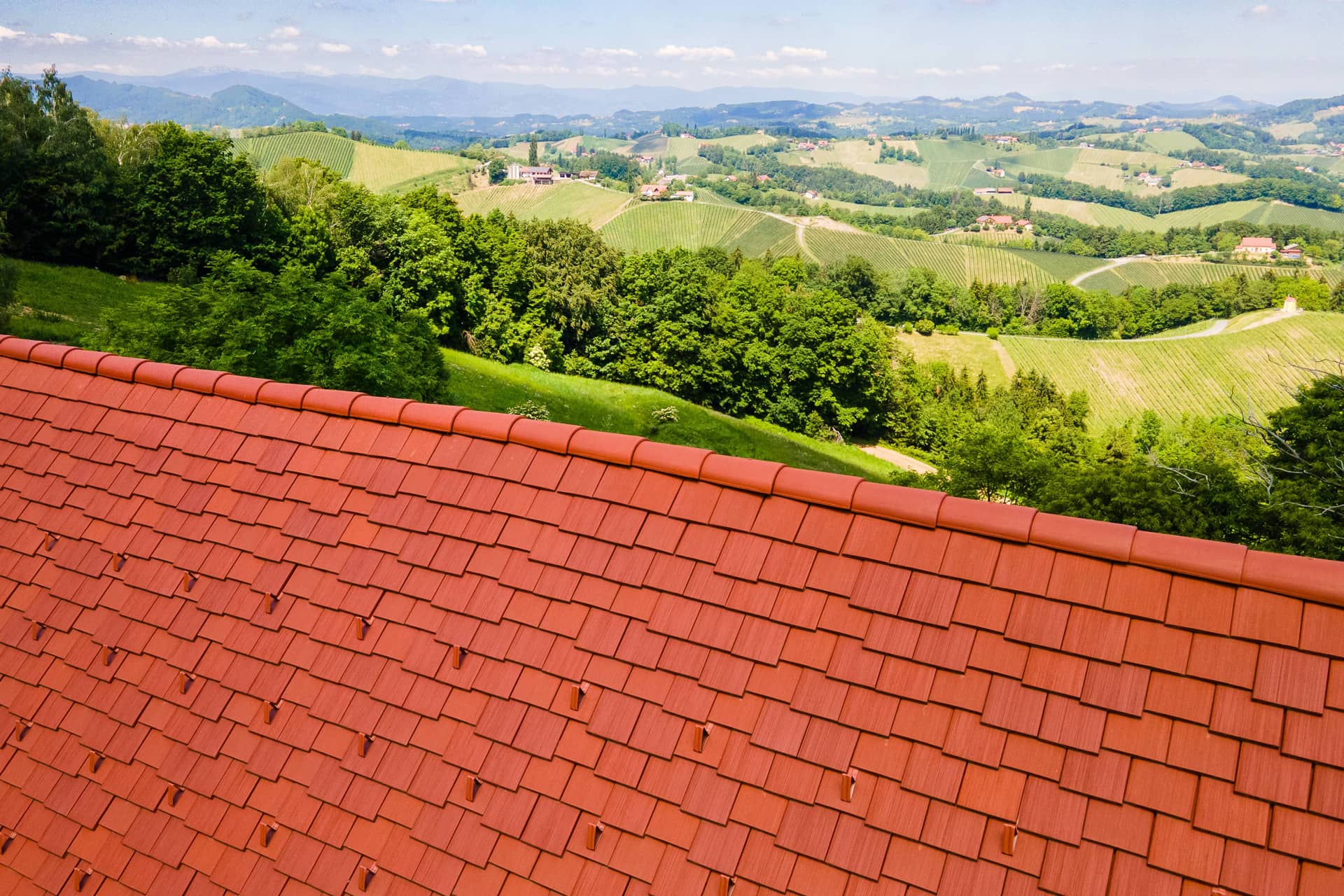 Ausschnitt eines orangen Satteldachs, im Hintergrund Weinberge. Das Dach hat äußerst seltene Dachziegel mit unterschiedlicher Anordnung.
