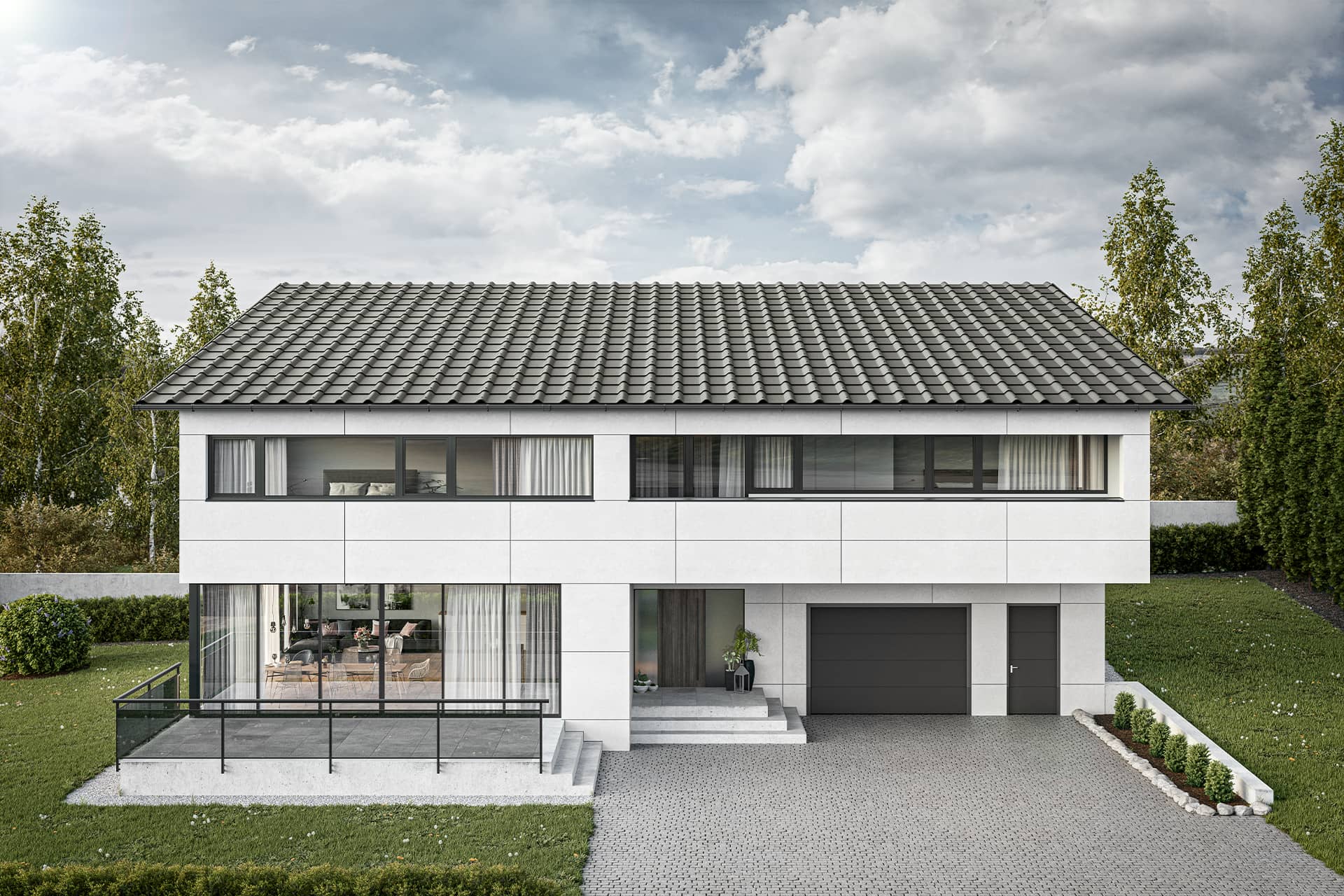 Das Bild zeigt ein modernes Haus mit grauem Satteldach der Marke Swisspearl.