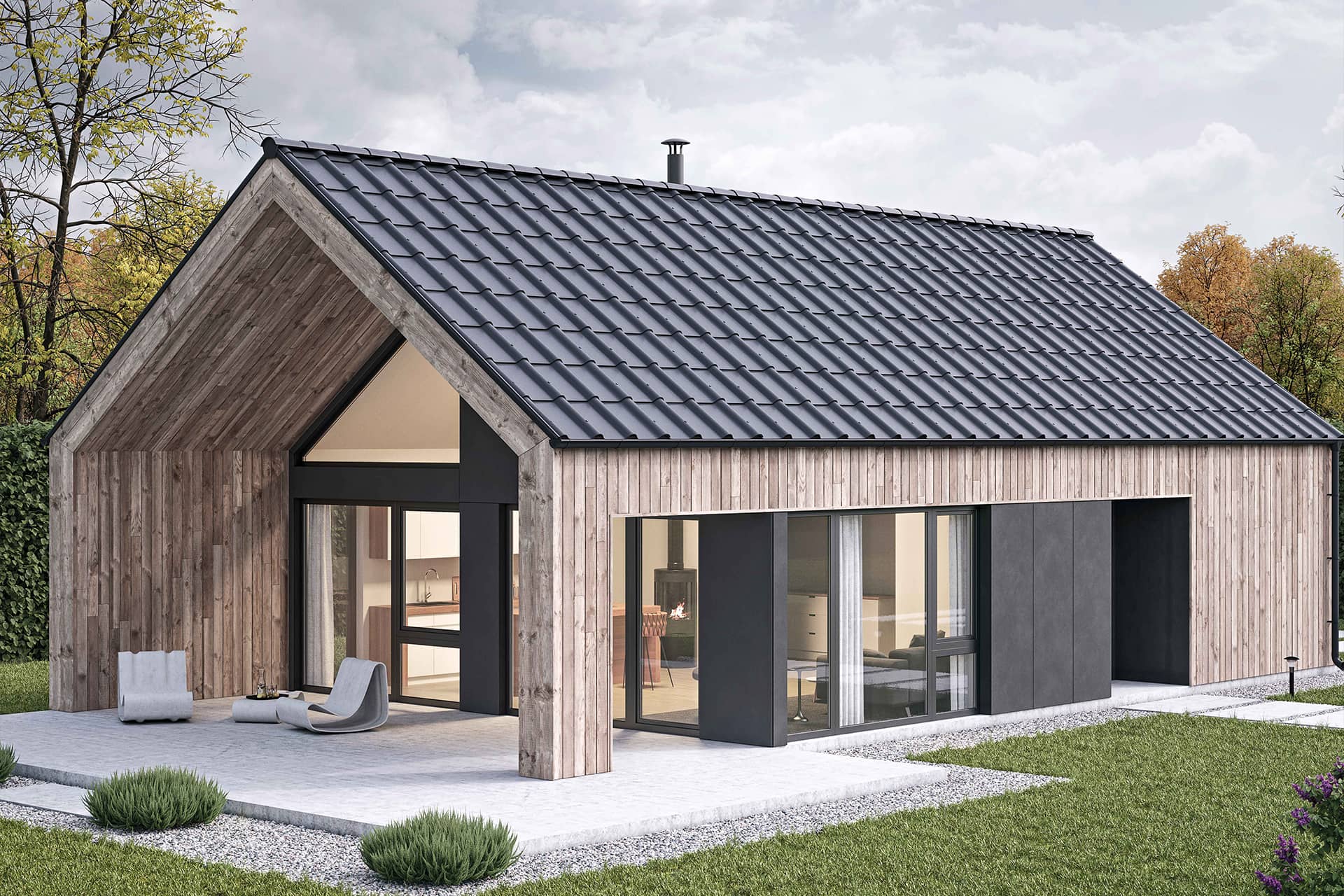 Das Bild zeigt ein modernes Haus mit grauem Satteldach der Marke Swisspearl.