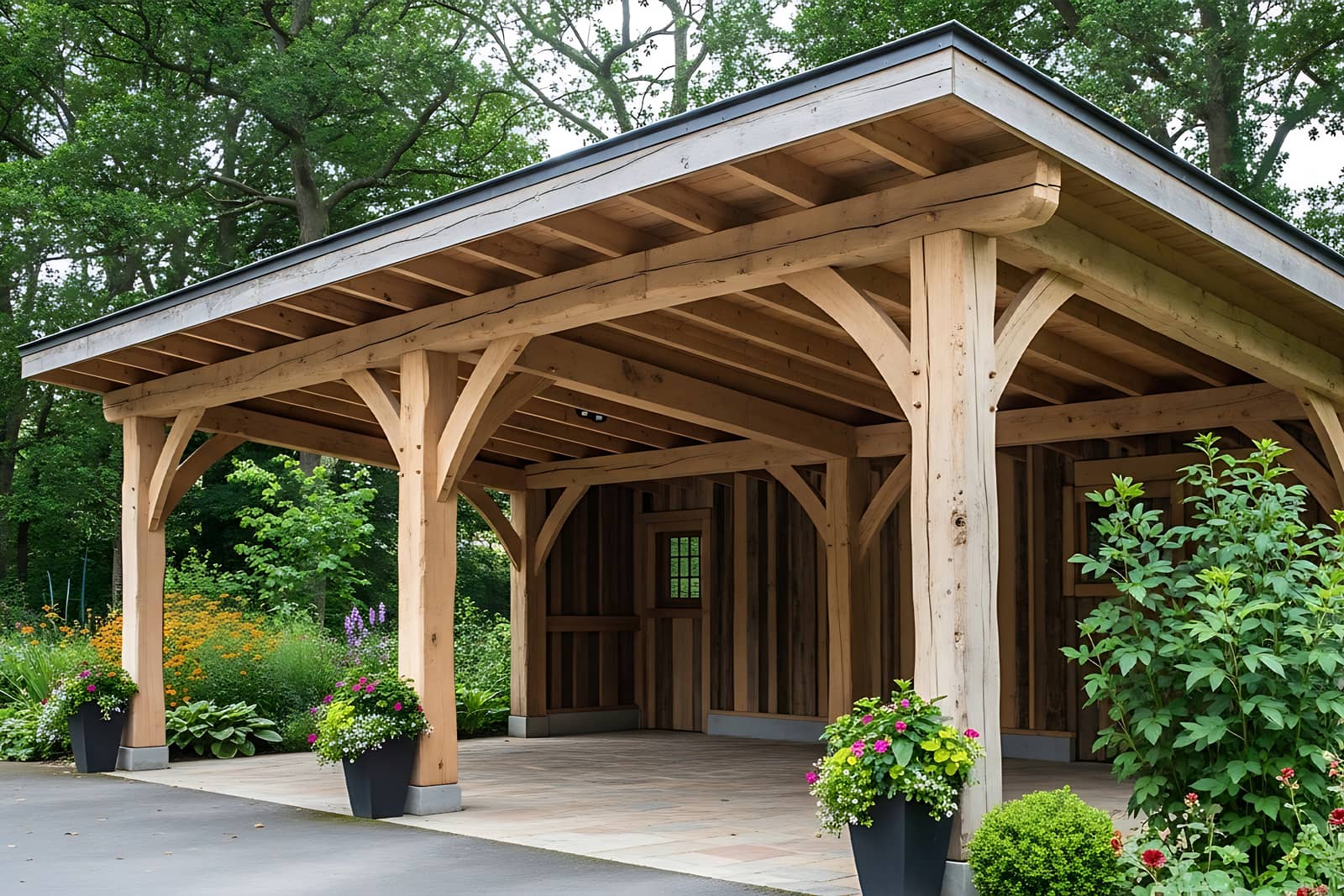 Das Bild zeigt ein Carport aus Holz für zwei Autos. Im Hintergrund sieht man Bäume in ruhiger Umgebung.